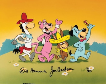 May include: A cartoon image of four animated characters: a white horse in a cowboy hat, a pink panther, a brown donkey in a sombrero, and a blue dog. The image is signed by Bill Hanna and Joe Barbera.