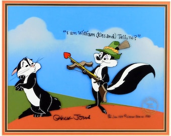 May include: Cartoon image of Pepe Le Pew with a crossbow aimed at a black and white cat. The cat looks up in surprise. Text reads "I am William (Kiss and) Tell, no?" and "Chuck Jones". Dated Jan 1983 Warner Bros.