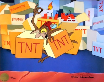 May include: A cartoon illustration featuring Wile E. Coyote amidst boxes of TNT and dynamite. He's holding a lit match near dynamite sticks. The boxes are orange and white, labelled with "TNT" and "DYNAMITE". The background is a blue hue, creating a dynamic scene.