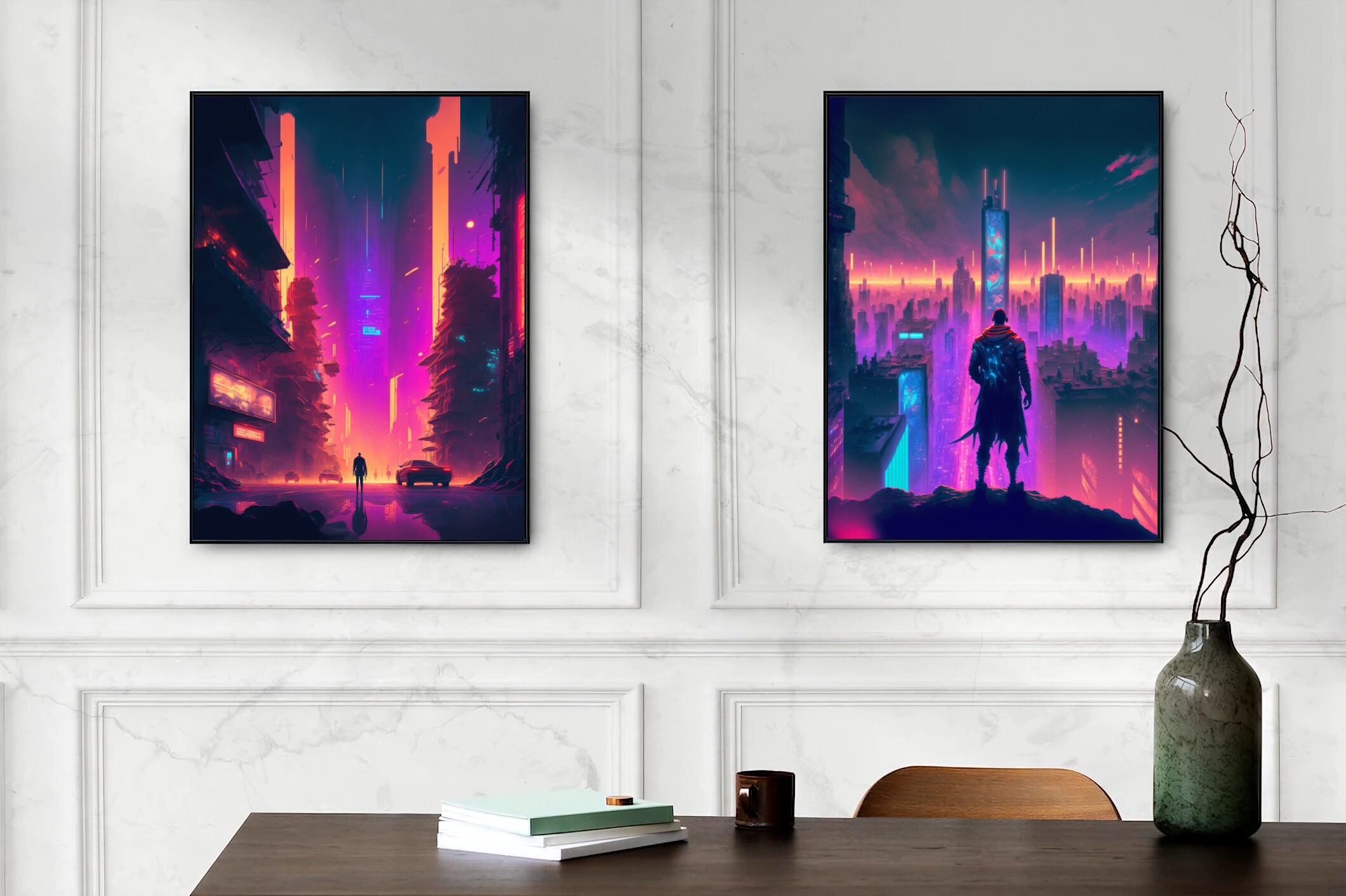 Cyberpunk Futuristic City Set of 2 Prints, Unique Original Digital Art ...