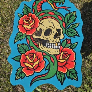 American traditional tattoo wall art - skull and snake roses
