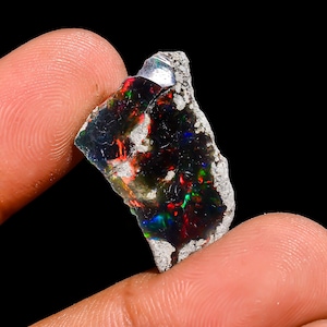 Peut inclure: Une pierre d'opale noire brute avec des éclats vibrants de rouge, de vert et de bleu. L'opale est tenue entre deux doigts sur un fond noir, mettant en valeur son jeu de couleurs irisé.