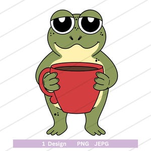 May include: A green frog cartoon character with large eyes holding a red coffee mug.