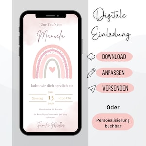 Op de afbeelding: Een smartphonescherm met een digitale doopuitnodiging voor Manuela. Het ontwerp toont een roze en grijze regenboog met een hartje, Duitse tekst en de datum 13 juni 2026. Rechts staan roze knoppen met de labels DOWNLOAD, ANPASSEN en VERSENDEN.