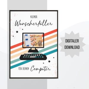 Könnte beinhalten: Ein gerahmter Digitaldruck mit einer Computergrafik, deren Bildschirm 50-Euro-Scheine anzeigt. Das Design enthält diagonale Streifen in Rot, Orange und Türkis, schwarze Sterne sowie den Text Kleiner Wunscherfüller für deinen Computer.