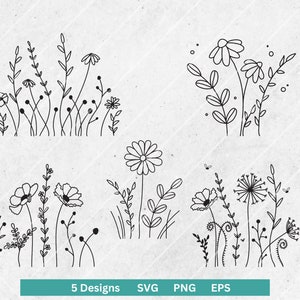 May include: Five black and white line art designs of different flower arrangements. Each design features a variety of flowers and leaves.