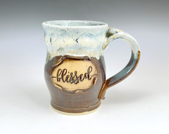 Ceramic Coffee Mug with "Blessed" Medallion / Handmade Stoneware Pottery / Bible Verse Mugs / Christian Pottery / Religious