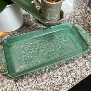 Pine Trees & Cones Ceramic Serving Tray, Satin Finish Green Glaze, / Rustic Decor /  Charcuterie Platter / Large Handmade Serving Tray