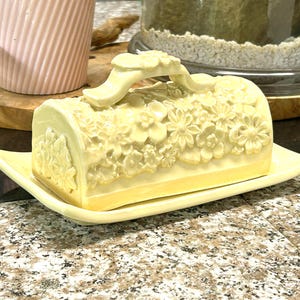 Ceramic Covered Butter Dish with Flowers Galore Embossed Pattern / Transparent Yellow Glaze / Handmade Pottery