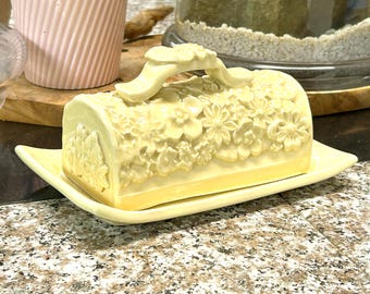Ceramic Covered Butter Dish with Flowers Galore Embossed Pattern / Transparent Yellow Glaze / Handmade Pottery