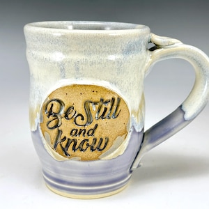 Ceramic Coffee Mug with "Be Still and Know" Medallion / Handmade Stoneware Pottery / Bible Verse Mugs / Christian Pottery / Religious