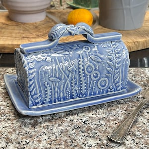 May include: A light blue ceramic butter dish with a rectangular base and a domed lid. The lid features a relief pattern of underwater sea life, including fish, seaweed, and coral, topped with a handle shaped like a seashell and starfish.