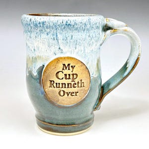 Psalm 23 Mug with "My Cup Runneth Over" Medallion. Handmade Stoneware Pottery / Bible Verse Mugs / Christian Pottery / Blue Glaze