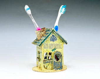 Whimsical Pottery Toothbrush Holder: Handmade Miniature Ceramic House Luminary