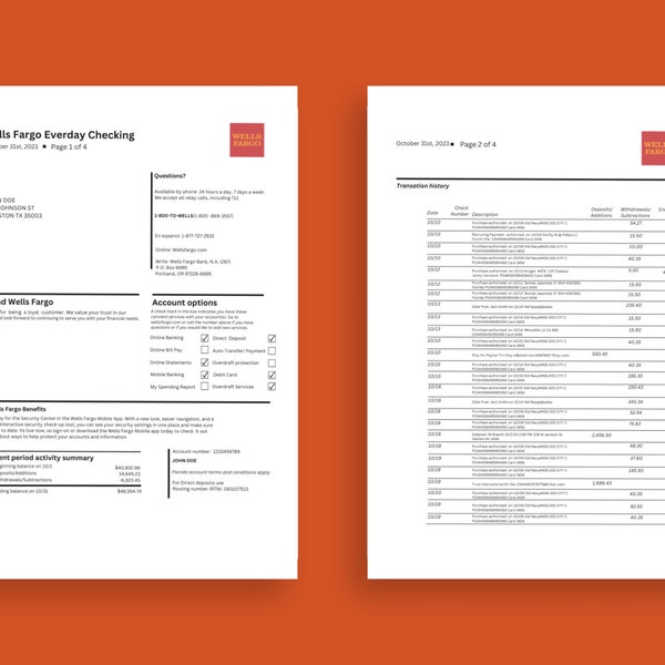 Authentic Wells Fargo bank template: Create professional pay stubs with instant download pdf, Wells Fargo statement with editable fields