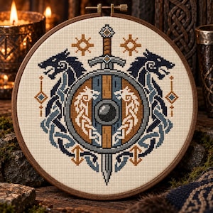 May include: A circular cross-stitch embroidery in a wooden hoop featuring a central sword and shield emblem flanked by two stylized wolf heads. The design uses a palette of navy blue, tan, and grey threads on a cream-colored fabric background.
