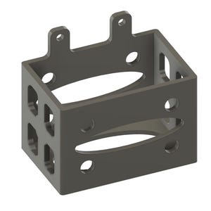 May include: A grey plastic storage box with a rectangular shape and open sides. The box has two levels with rounded edges and multiple holes for ventilation.