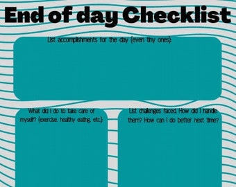 End of Day Checklist, Mental Health Worksheet