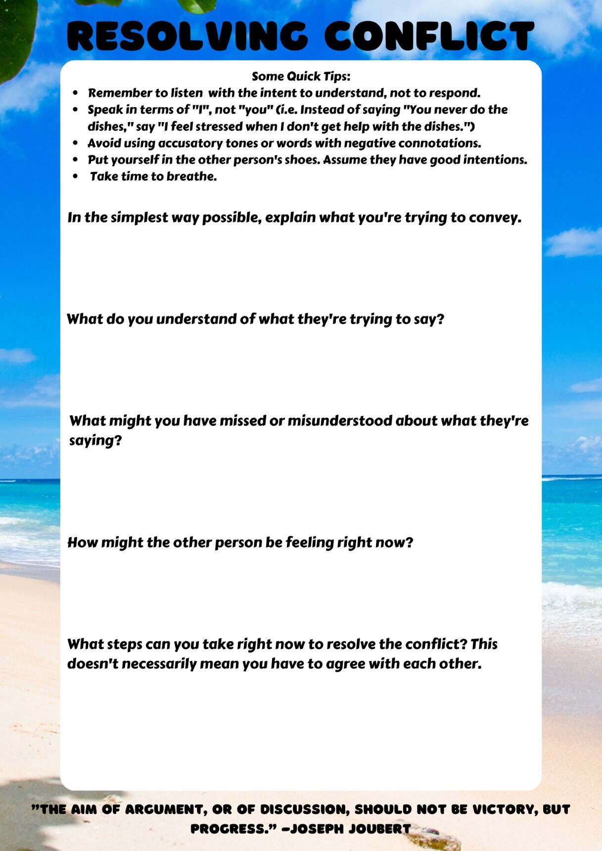 Resolving Stuff Resolving Conflict Therapy Questions Worksheet - Etsy