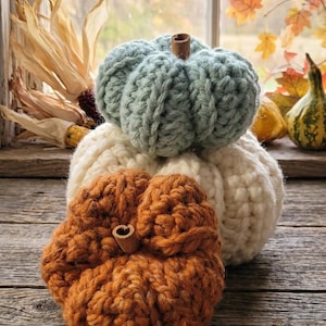 May include: A stack of three crocheted pumpkins in sage green, cream, and burnt orange. Each pumpkin features a thick, ribbed yarn texture and a small, brown cinnamon stick stem protruding from the center top of the rounded, soft form.