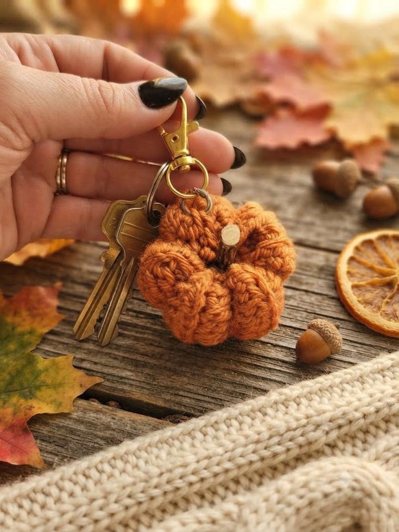 May include: A crocheted orange pumpkin keychain featuring a small wooden stem, attached to a gold-toned metal lobster clasp and a split ring holding two silver-colored metal keys. The pumpkin is crafted with textured yarn in a rounded, ribbed shape.