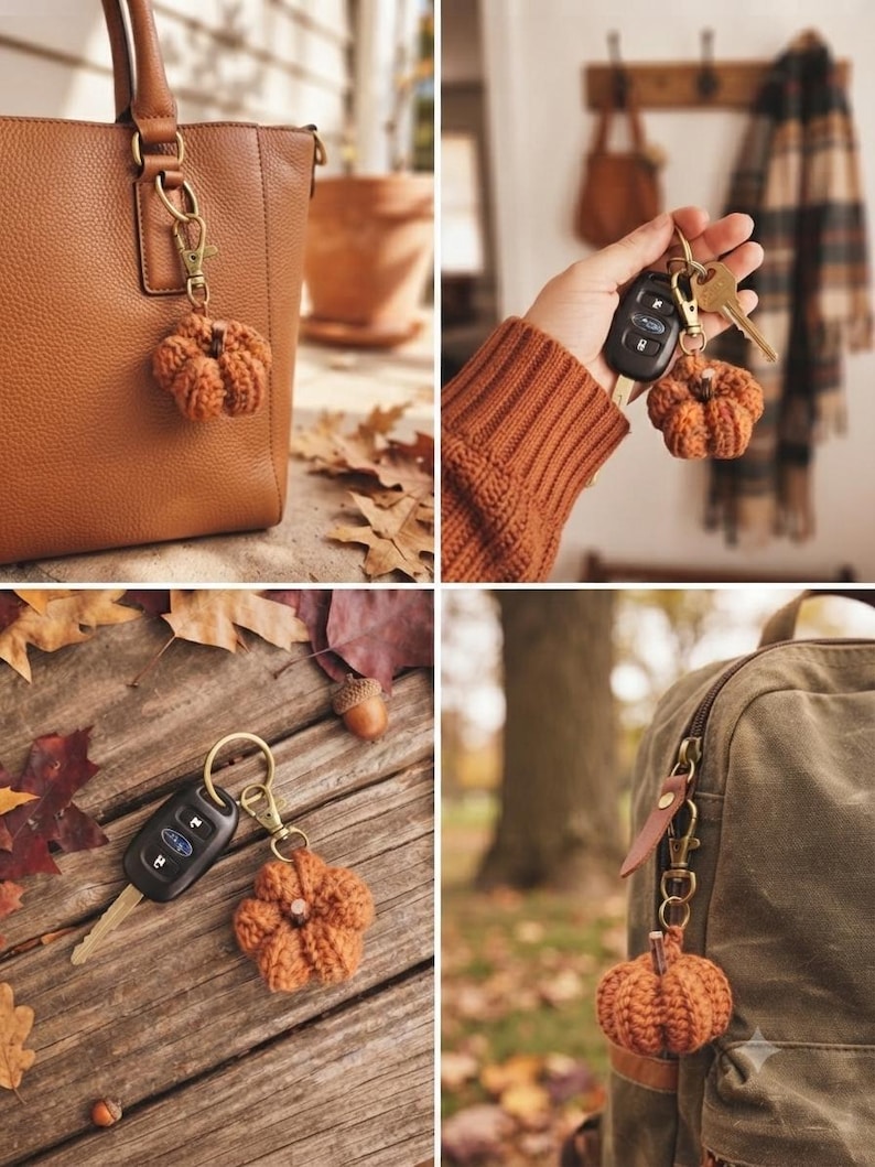 May include: A small, crocheted pumpkin keychain in a burnt orange color with a dark brown stem. The pumpkin is attached to a gold-toned metal lobster clasp and a circular key ring, shown hanging from a leather bag, a backpack, and with keys.