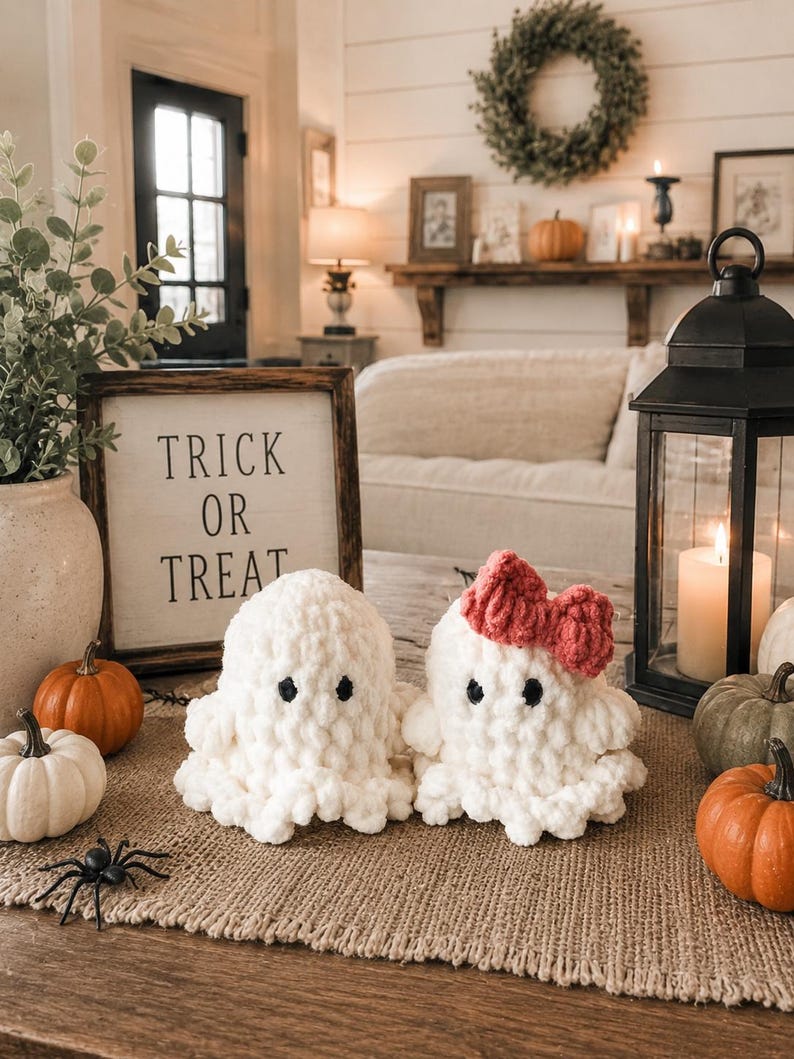 May include: Two white crocheted ghost plushies with black eyes, one featuring a small red bow on its head. They are positioned next to a wooden sign with the text TRICK OR TREAT, small orange and white pumpkins, and a black plastic spider.