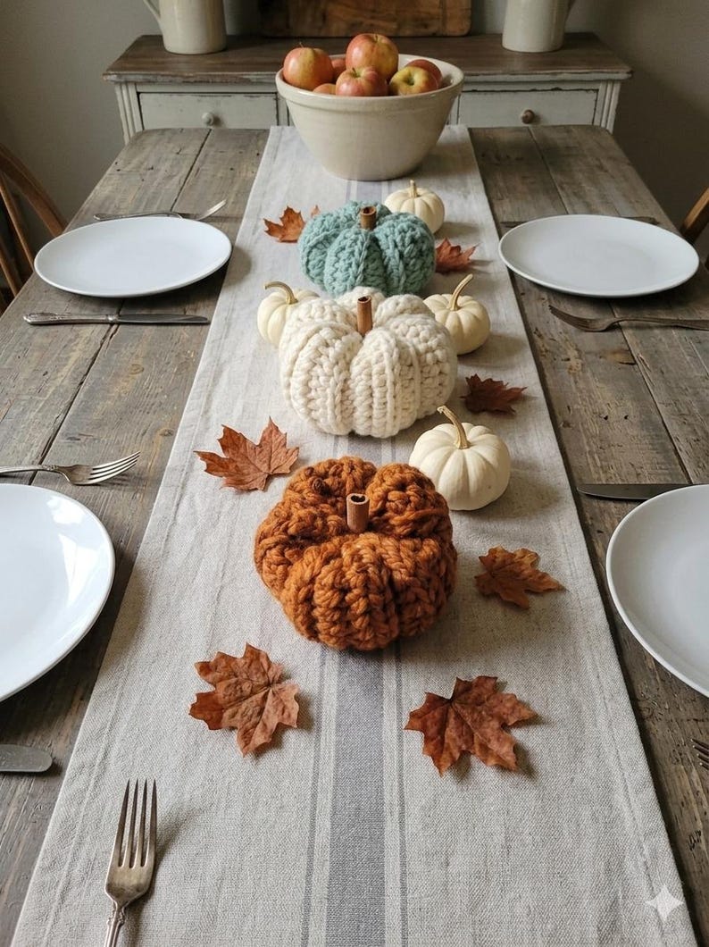 May include: A dining table setting featuring a light gray linen runner decorated with three chunky knit pumpkins in sage green, cream, and burnt orange, accompanied by small white gourds and scattered dried brown maple leaves.