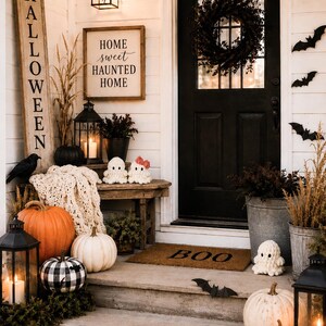 May include: A porch decorated for Halloween featuring a tall wooden sign reading HALLOWEEN, a framed sign reading HOME sweet HAUNTED HOME, a black door with a wreath, pumpkins, lanterns, crochet ghosts, a BOO doormat, and black paper bats.