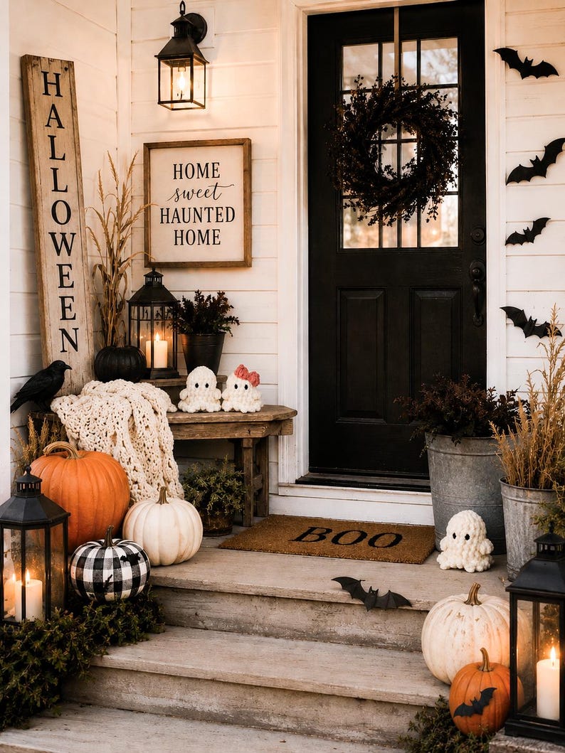 May include: A porch decorated for Halloween featuring a tall wooden sign reading HALLOWEEN, a framed sign reading HOME sweet HAUNTED HOME, a black door with a wreath, pumpkins, lanterns, crochet ghosts, a BOO doormat, and black paper bats.
