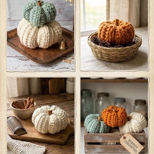 May include: A collection of crocheted pumpkins in sage green, cream, and burnt orange. The pumpkins feature thick yarn textures and wooden stems. One wooden crate includes a tag with the text HARVEST CURIOSITIES. A metal key is at the bottom.