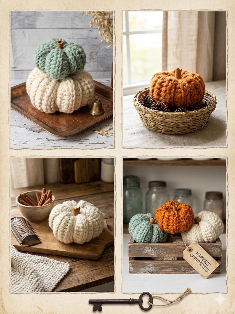 May include: A collection of crocheted pumpkins in sage green, cream, and burnt orange. The pumpkins feature thick yarn textures and wooden stems. One wooden crate includes a tag with the text HARVEST CURIOSITIES. A metal key is at the bottom.