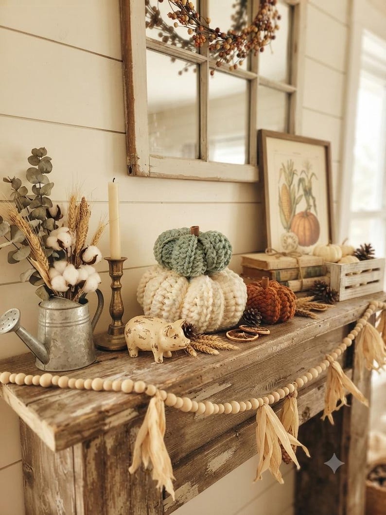 May include: A rustic mantel display featuring three chunky knit pumpkins in sage green, cream, and burnt orange. The arrangement includes a galvanized metal watering can with dried cotton and wheat, a brass candle holder, and a wooden bead garland.