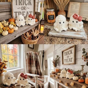 May include: Two white crocheted ghost figures, one plain and one wearing a small rust-colored bow, are displayed in various seasonal settings alongside miniature pumpkins, a wooden sign reading TRICK OR TREAT, and autumn-themed home decor.