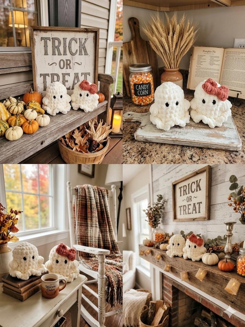 May include: Two white crocheted ghost figures, one plain and one wearing a small rust-colored bow, are displayed in various seasonal settings alongside miniature pumpkins, a wooden sign reading TRICK OR TREAT, and autumn-themed home decor.