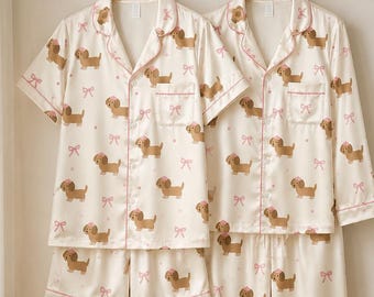 Conjunto de pijama personalizado para cachorros, pijama adorable para perros, pijama de satén personalizado para mamás perrunas, regalo para amantes de los perros salchicha, pijama para amantes de los perros salchicha.
