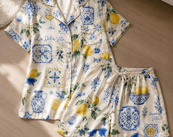 La Dolce Vita Pajama Set, Italian Lemon Pajamas, Mediterranean Sleepwear, Amalfi Coast PJs, Satin Summer Lounge Set