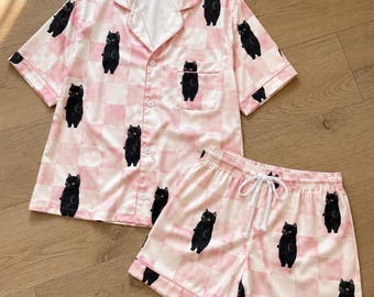 Svart katt-satinsett med pyjamas, rosa rutig kort eller lång pyjamas för kvinnor, present till kattälskare