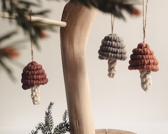 mushroom macrame christmas ornament set of 6, Mushroom hanging decoration, forest kids room accent, nature lovers fall gift