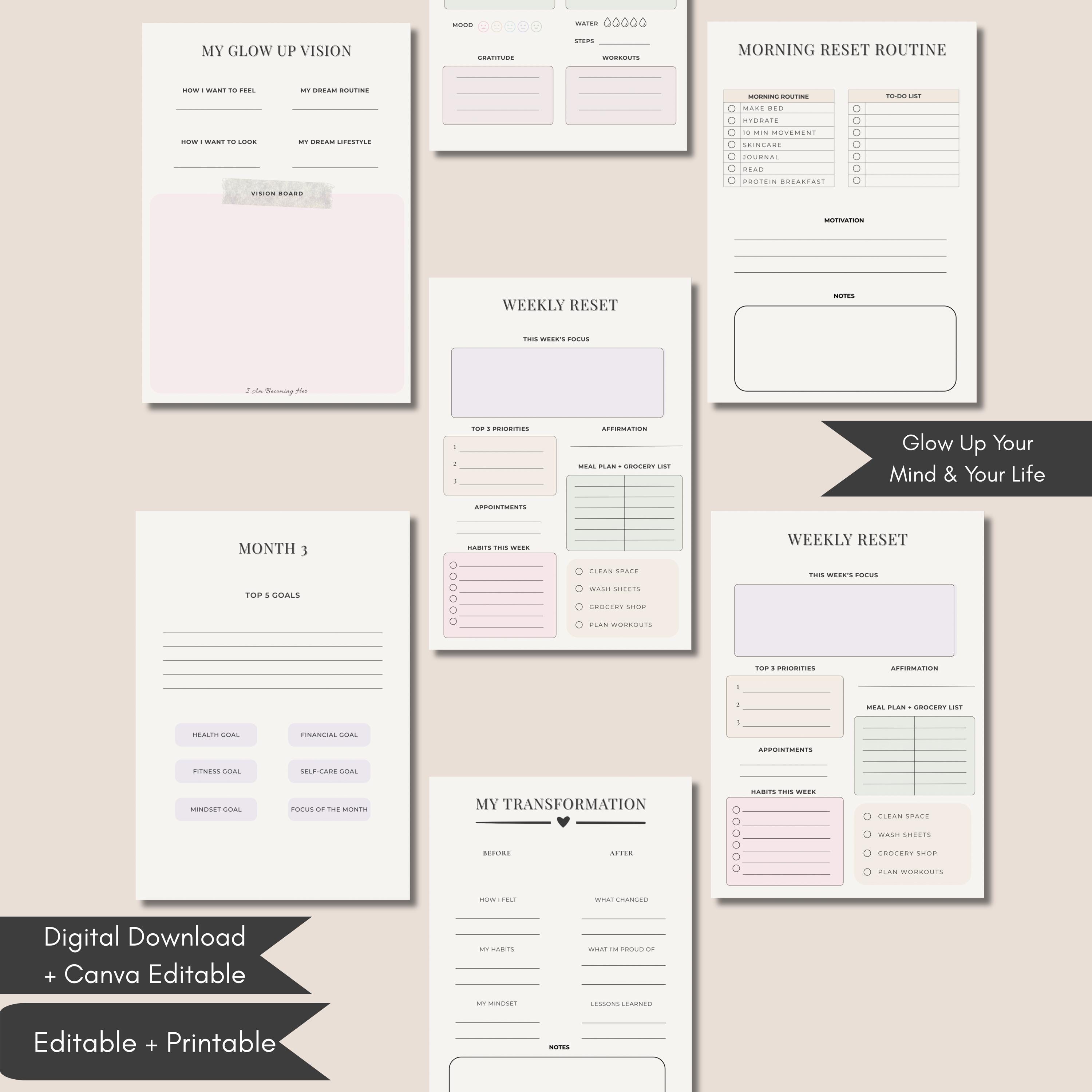 90 Day Glow up Challenge Planner, That Girl Reset Journal, Personal ...