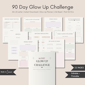90-dagars Glow Up-utmaningsplanerare, That Girl-återställningsdagbok, personlig utvecklingsmall, återställningsplanerare (utskrivbar PDF)