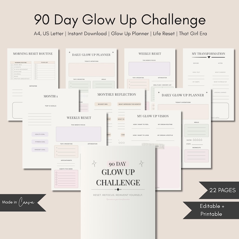 90 Day Glow up Challenge Planner, That Girl Reset Journal, Personal ...