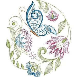 May include: Embroidered design featuring a blue butterfly with intricate details, surrounded by pink and green flowers in a circular pattern.