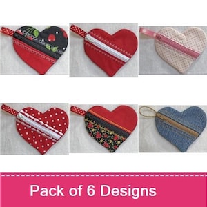 Paquete de 6 bolsitas con elementos esenciales de corazón de ITH: diseños de bordado a máquina, bolsitas con forma de corazón de San Valentín para bordar en el aro, incluye instrucciones