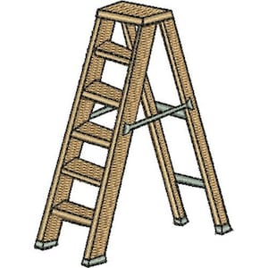 May include: A wooden step ladder with six steps and metal braces. The ladder is brown and has a light wood grain.