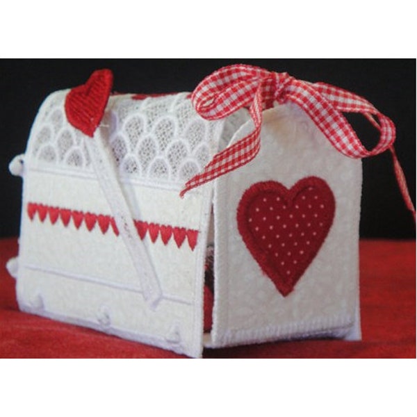 FSL & Applique Valentine Mail Box - Machine Embroidery Project Design, Freestanding Lace Love Letter Mailbox Design - Includes Instructions