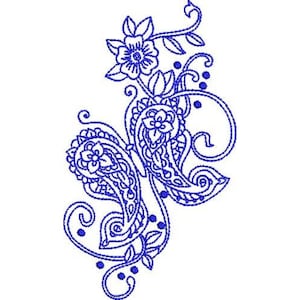 May include: A blue paisley design with a floral element. The design is intricate and detailed, with a swirling pattern.