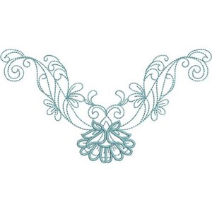 以下が含まれることがあります： 複雑な渦巻きと中央の花を持つ、繊細な薄い青色の花の刺繍デザイン