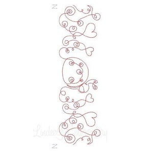 May include: A digital embroidery design featuring a vertical border of red swirls and hearts. The design is perfect for adding a touch of romance to any project.