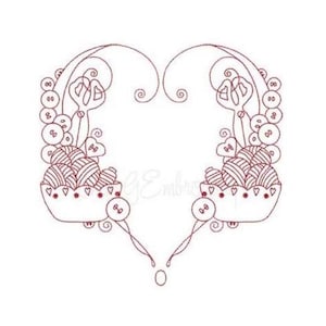 Sewing Heart Redwork Collage - Machine Embroidery Design, Sewing Scissors & Buttons Heart Redwork Embroidery Design, I Love Sewing Design